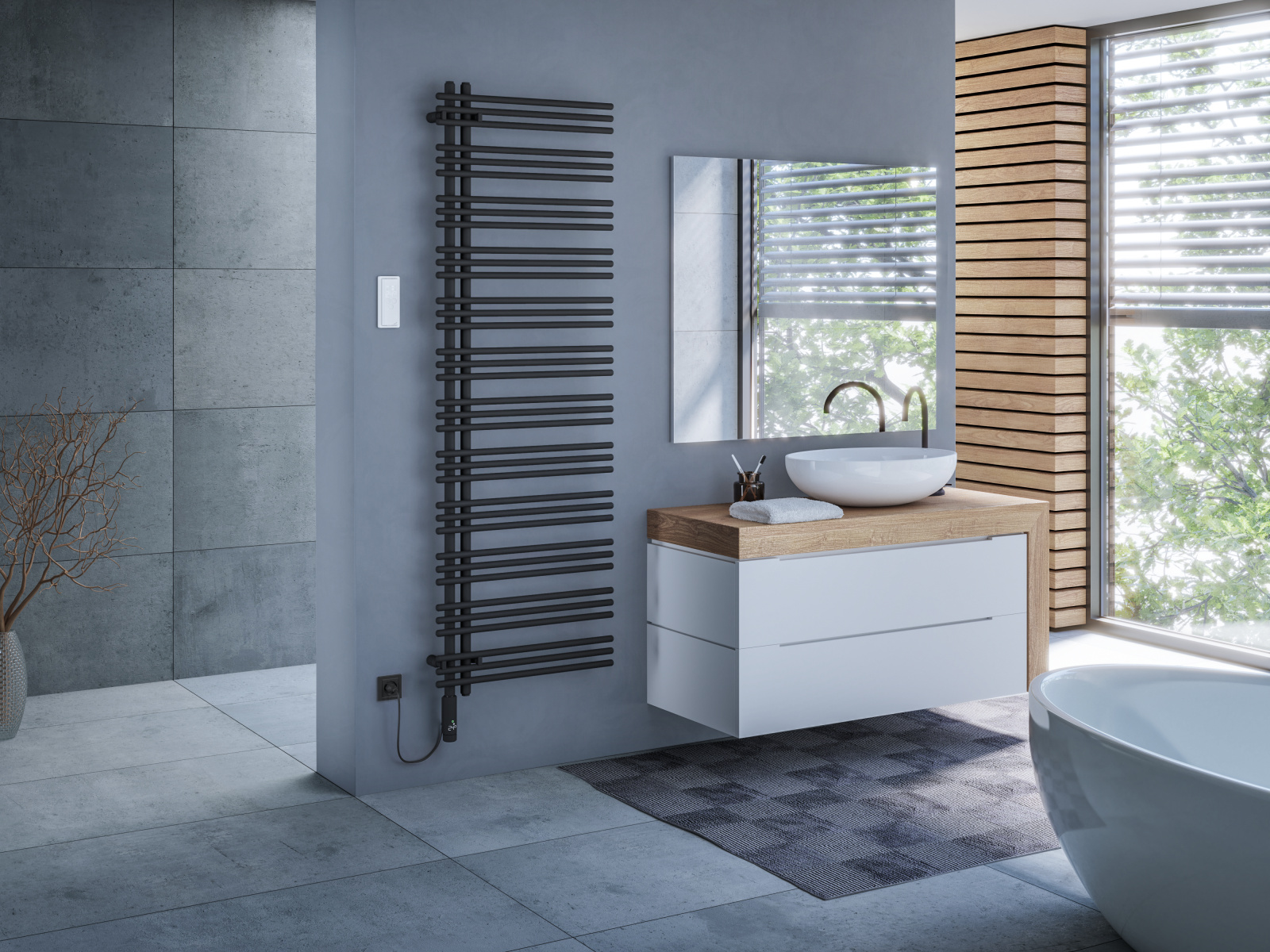 Zehnder_RAD_Yucca-Asym-EL_IHC-CH-Plug_170_60_TrafficBlack _Milieu_bathroom Rendering Zehnder Yucca Asym Decorative radiator Angled view