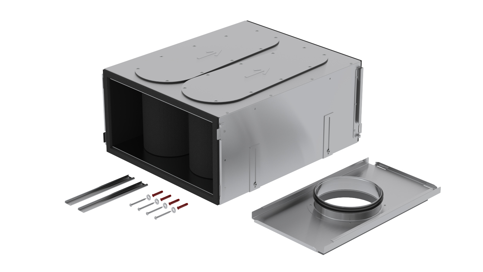 Rendering Zehnder ComfoWell Therm attenuator kit Comfortable indoor ventilation Angled view