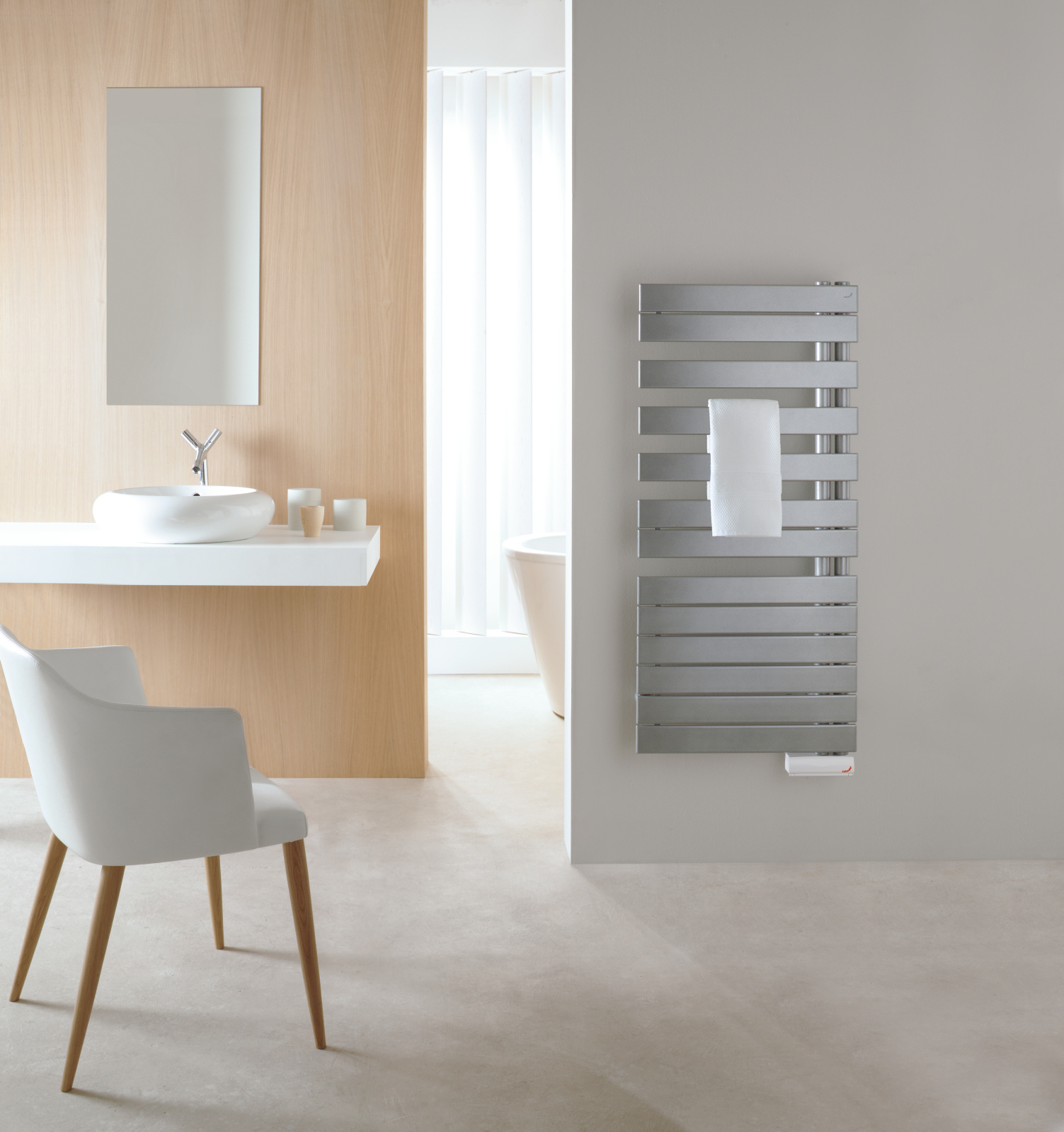 Zehnder_RAD_Roda-Spa-Asym_EL_left_bathroom_120_055_towel_titane_timermemo Rendering Zehnder Roda Spa Asym Decorative radiator Front view