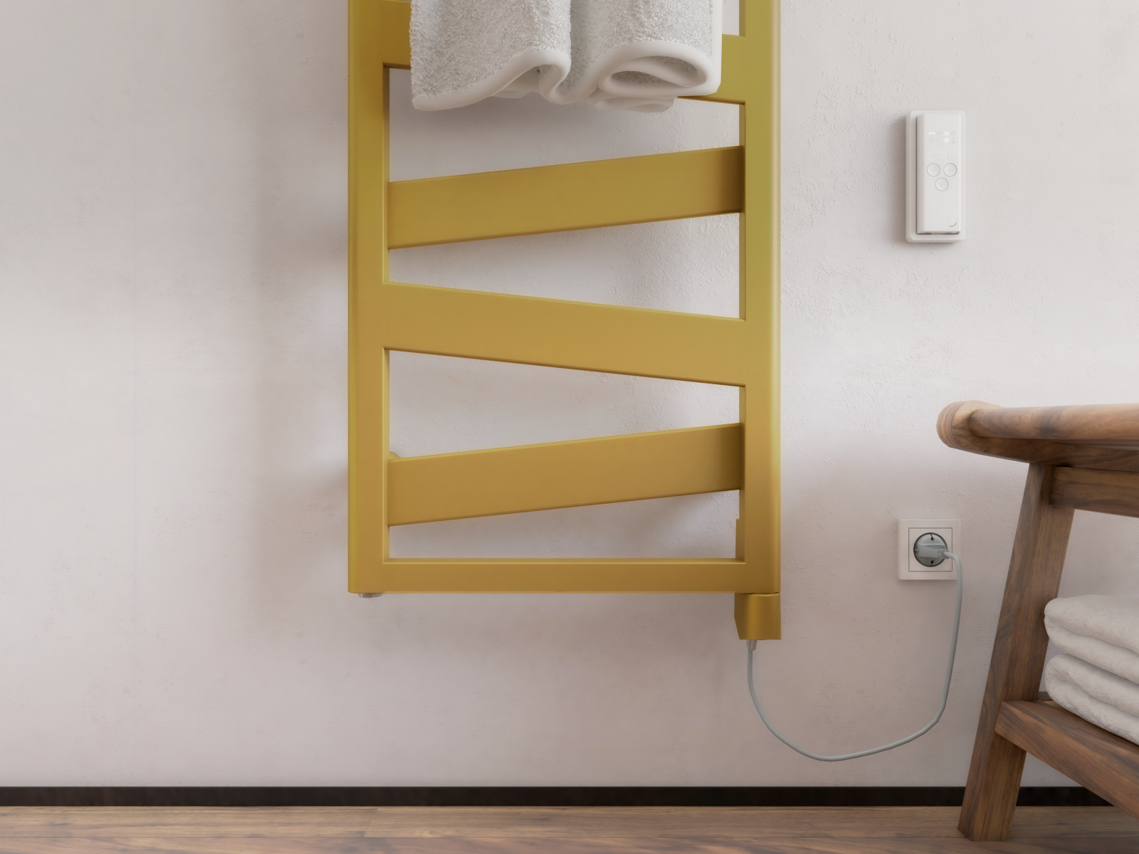 Zehnder_RAD_Ribbon-EL_IHD-WithCableDE_BeachGold_bathroom_Detail Rendering Zehnder Ribbon Decorative radiator
