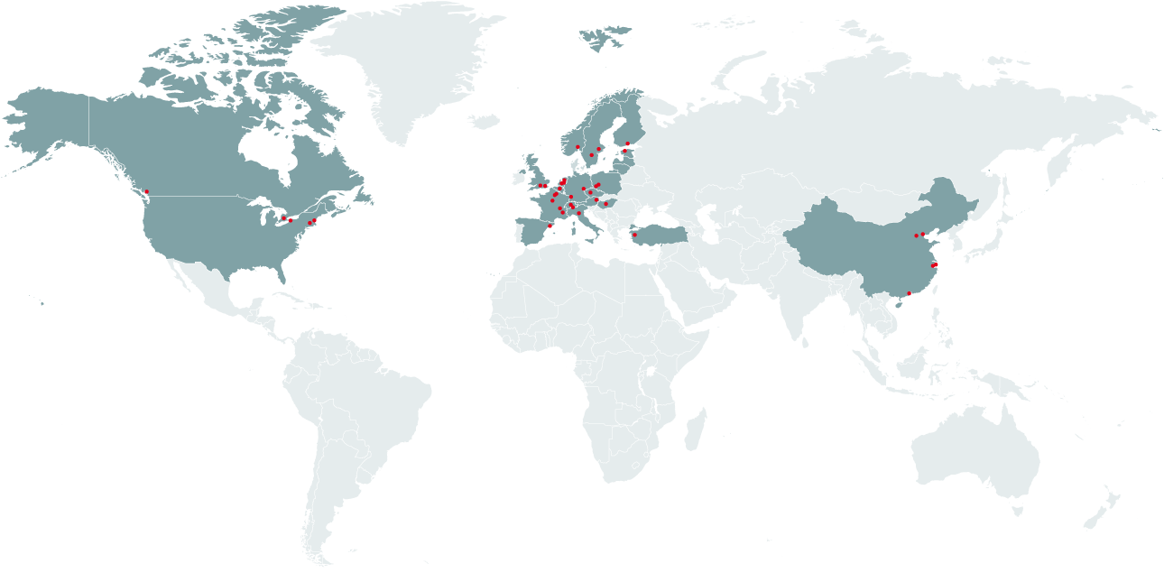 Wereldkaart van Zehnder Group International Infographic van de wereldkaart van Zehnder Group met alle verkoopondernemingen en vertegenwoordigingskantoren in meer dan zeventig landen